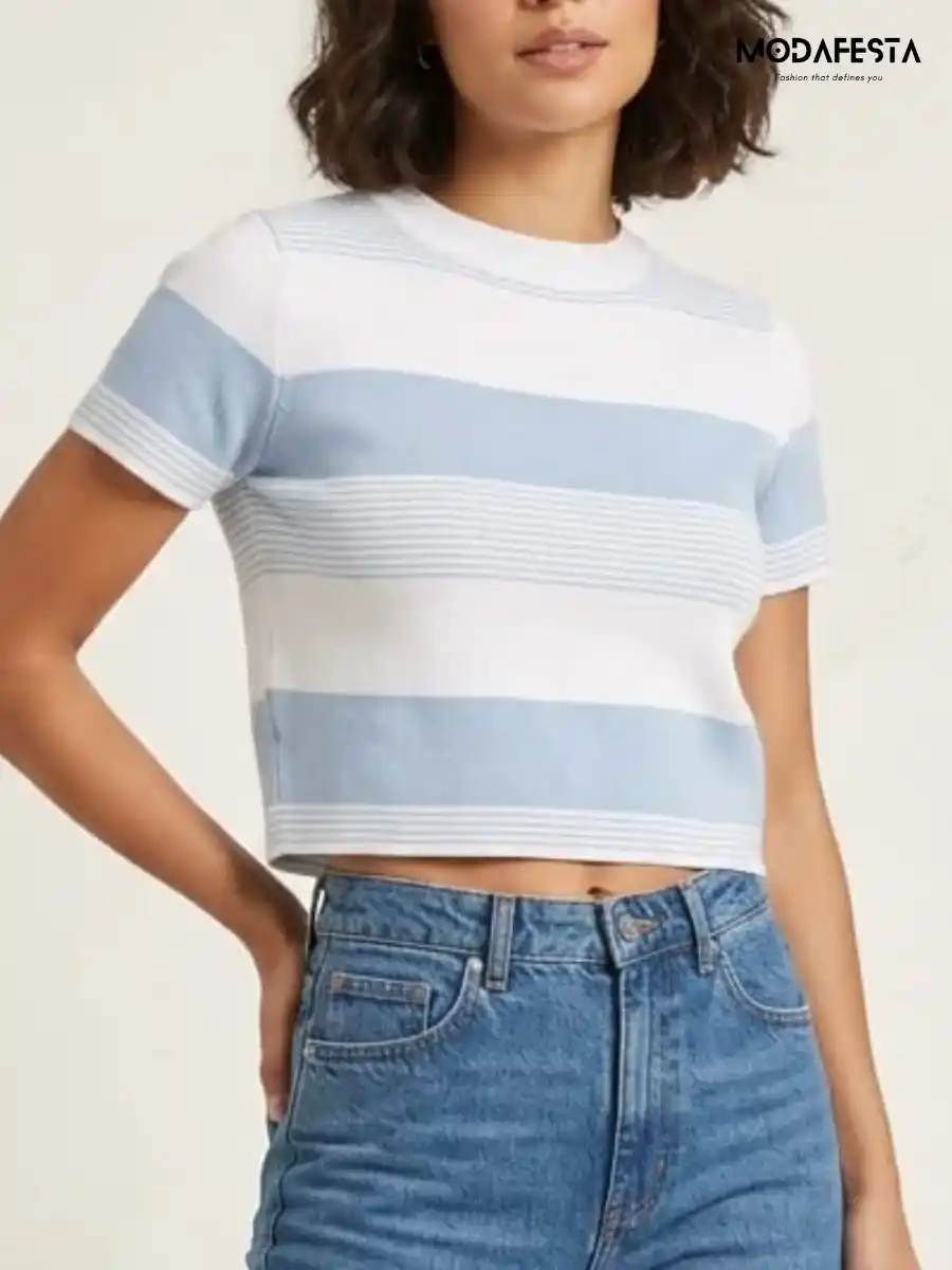 ModaFesta -elegant-blue-and-white-striped-crop-t-shirt