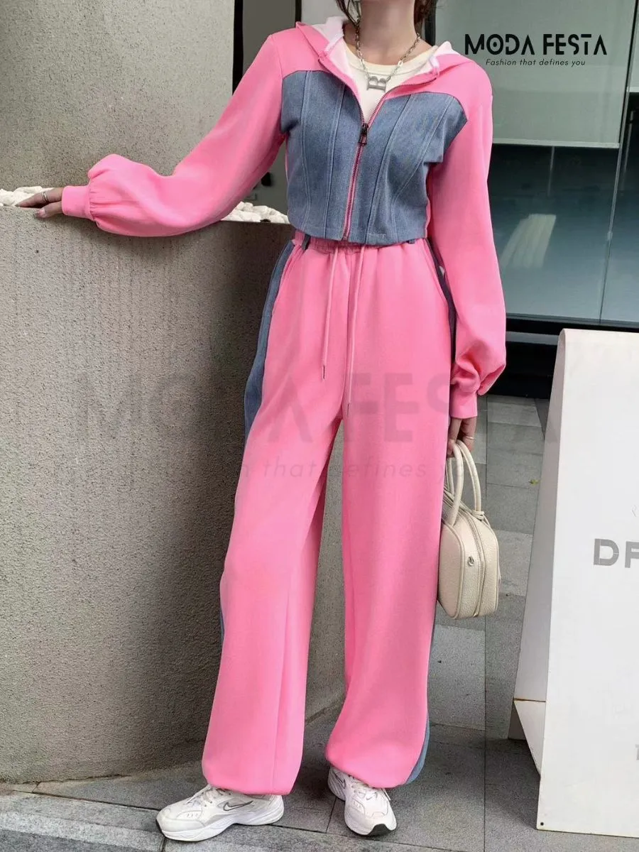 Denim Crop Hoodie With Pant