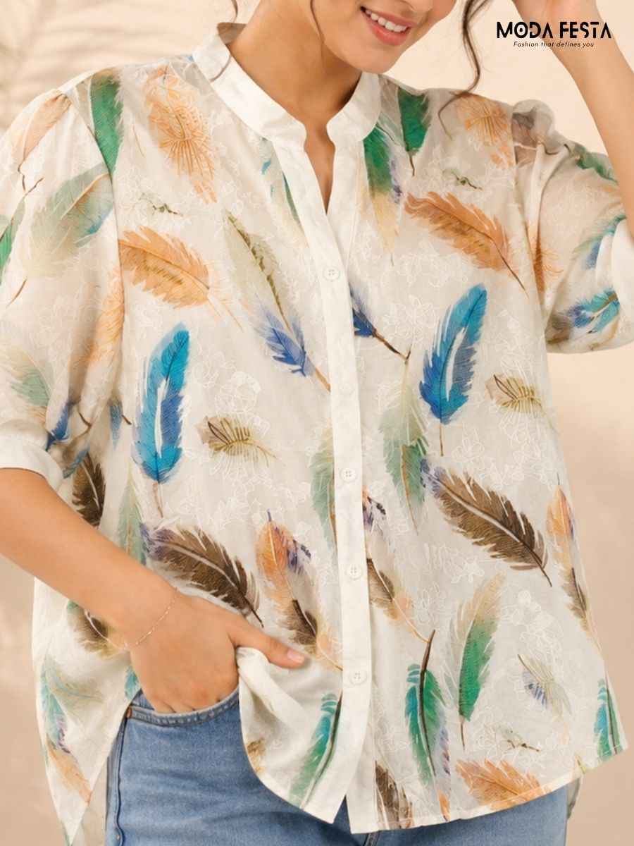 Moda Festa Multicolor Feather Print Mandarin Collar Top