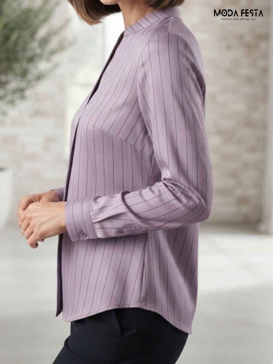 ModaFesta -elegant-lilac-pinstripe-mandarin-collar-full-sleeve-top