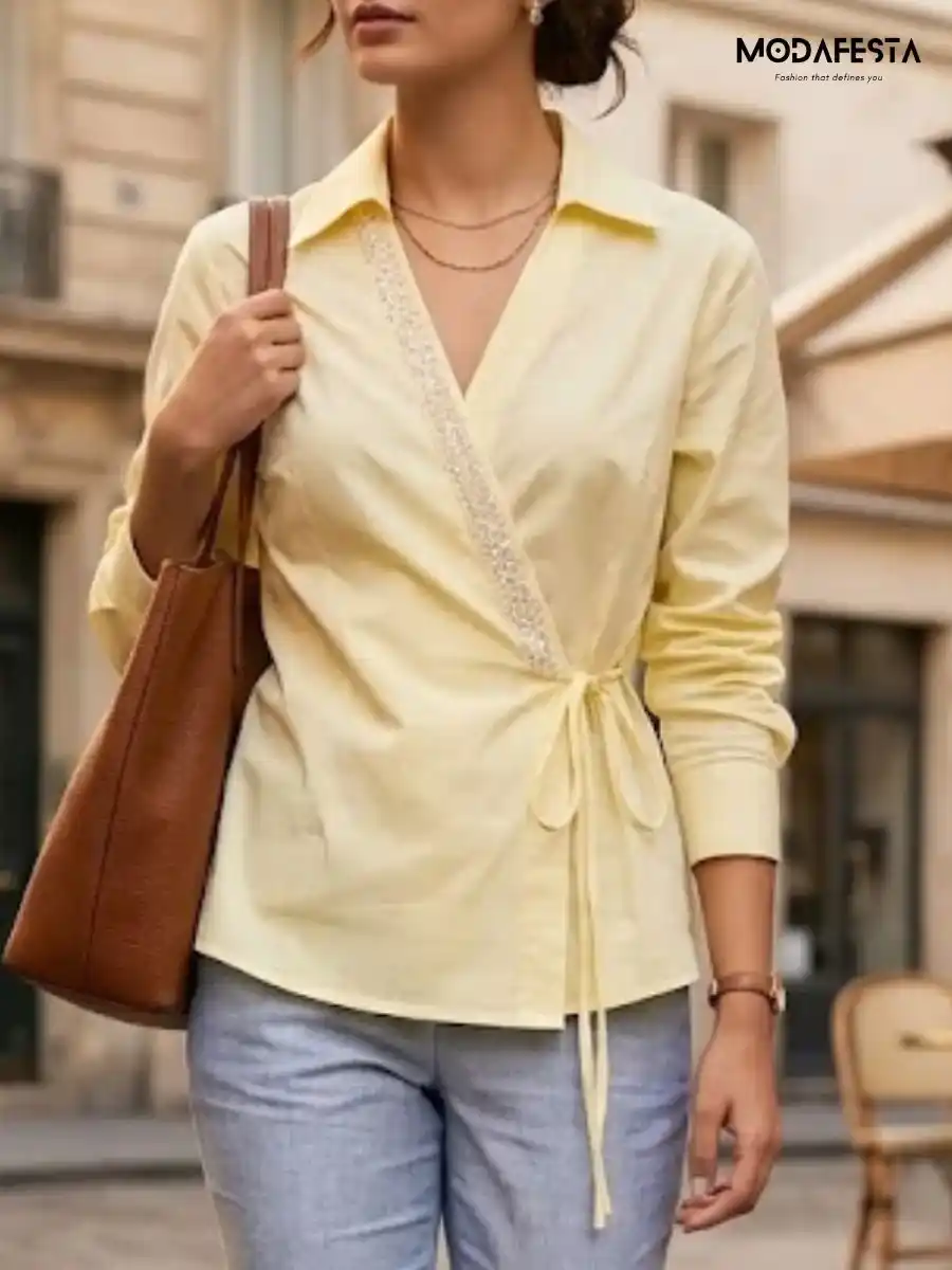 ModaFesta -elegant-v-neck-embellished-wrap-top-yellow