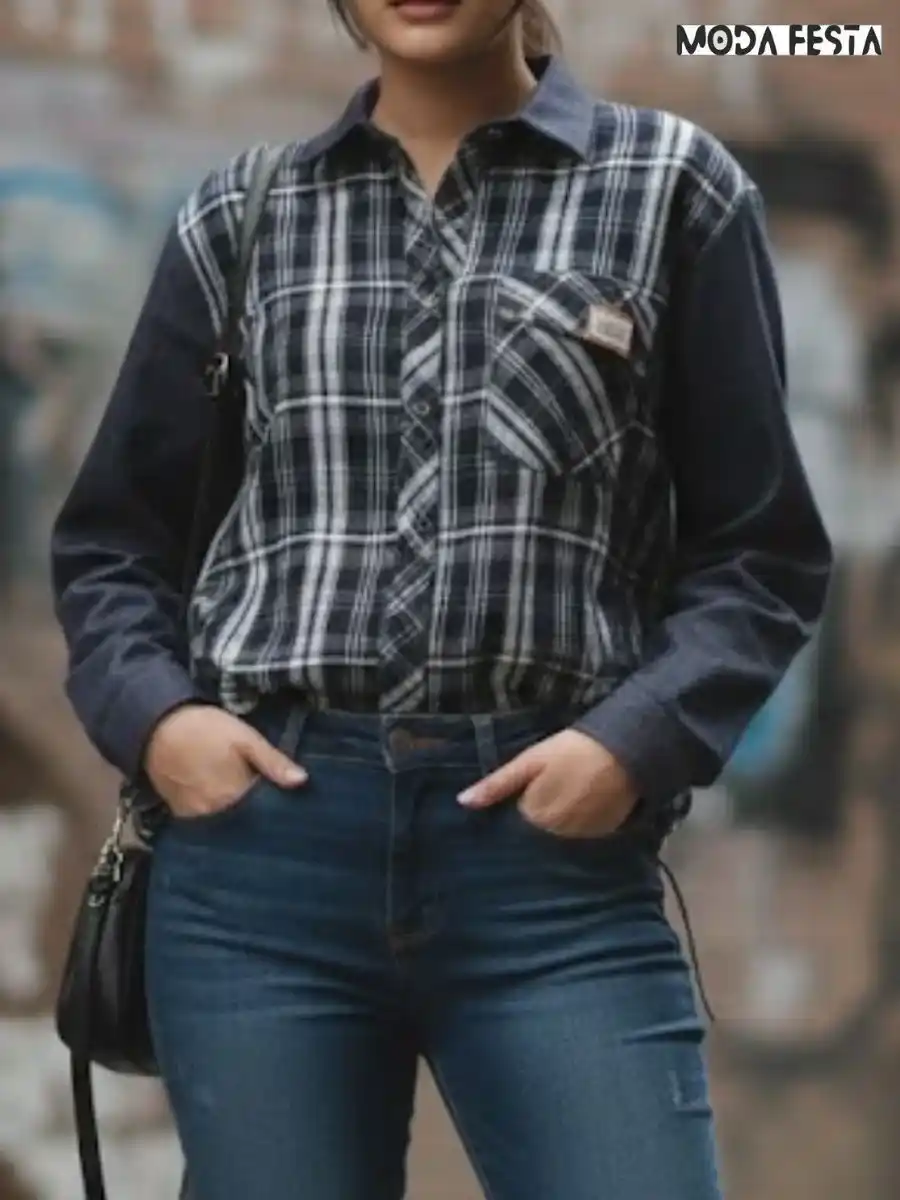 ModaFesta -elegant-flannel-denim-shirt-black
