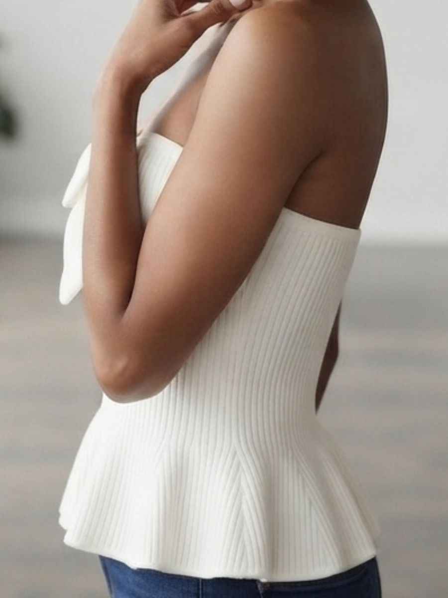 ModaFesta -white-ribbed-bow-accent-peplum-top
