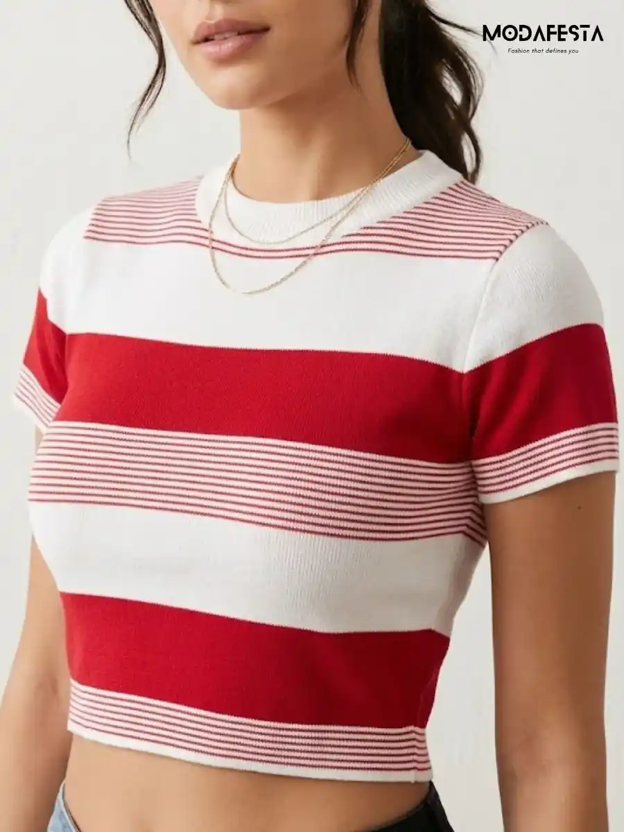 Elegant Red And White Striped Crop T Shirt