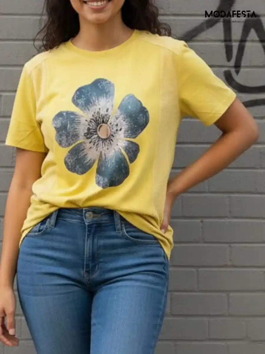 ModaFesta -elegant-big-flower-graphic-print-t-shirt-yellow