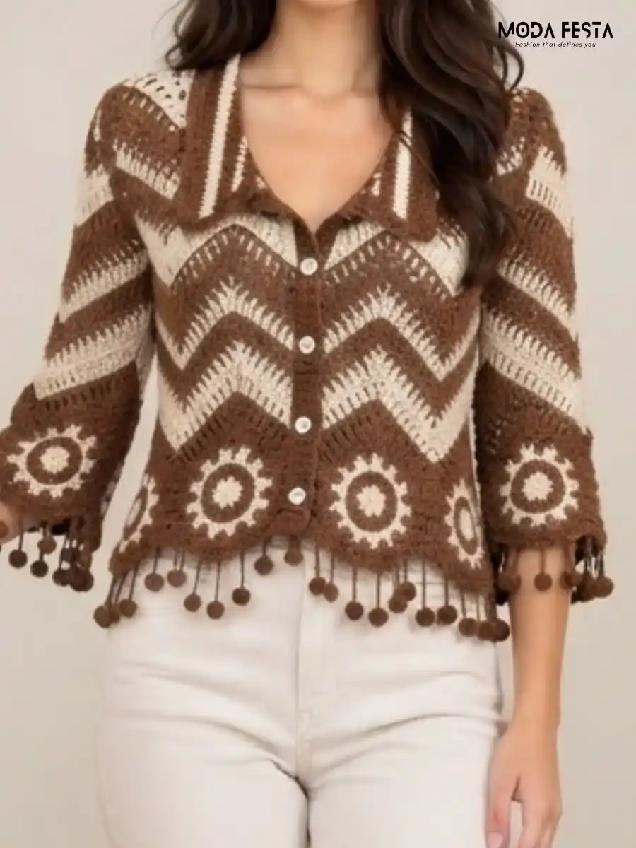 ModaFesta -brown-cream-chevron-crochet-knit-top