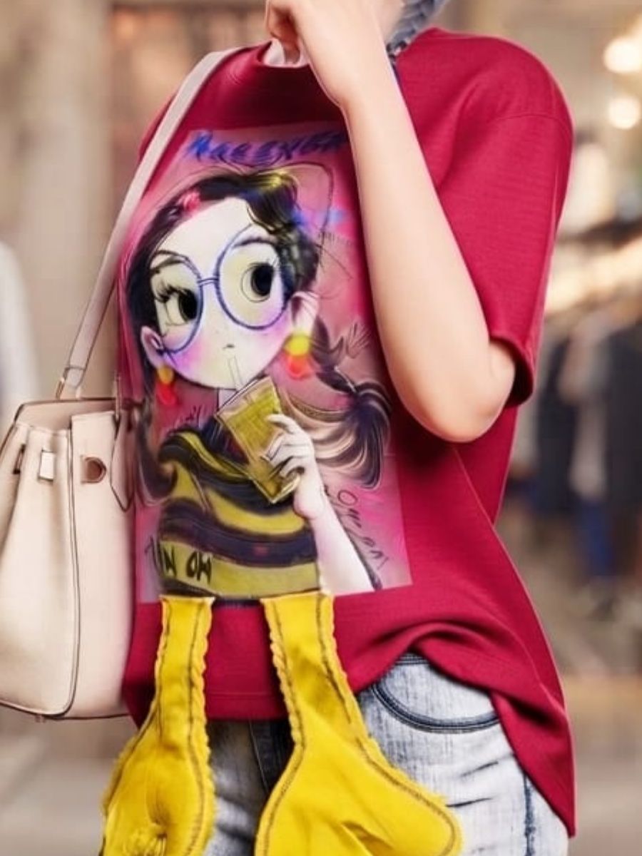 ModaFesta -womens-pink-oversized-cartoon-graphic-tshirt