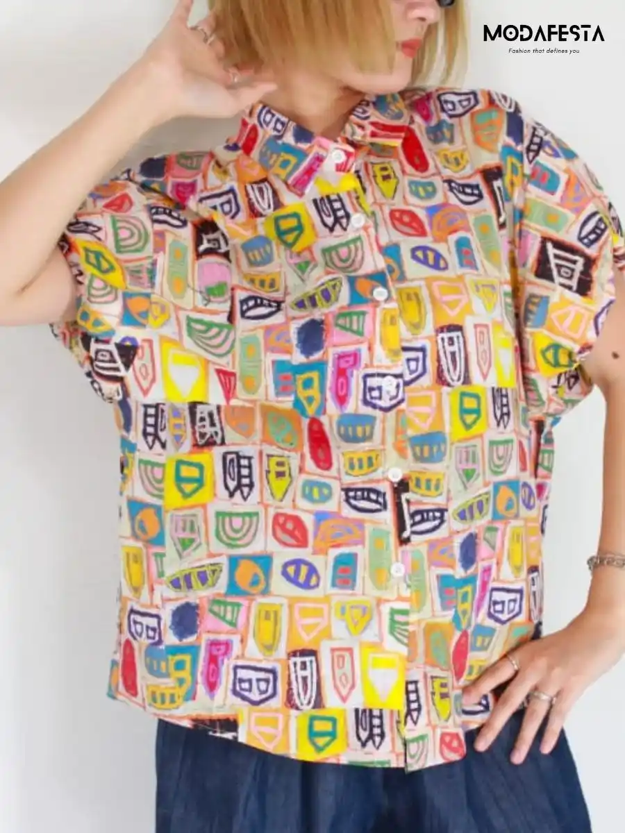 Elegant Puff Sleeve Hand-Drawn Print Shirt