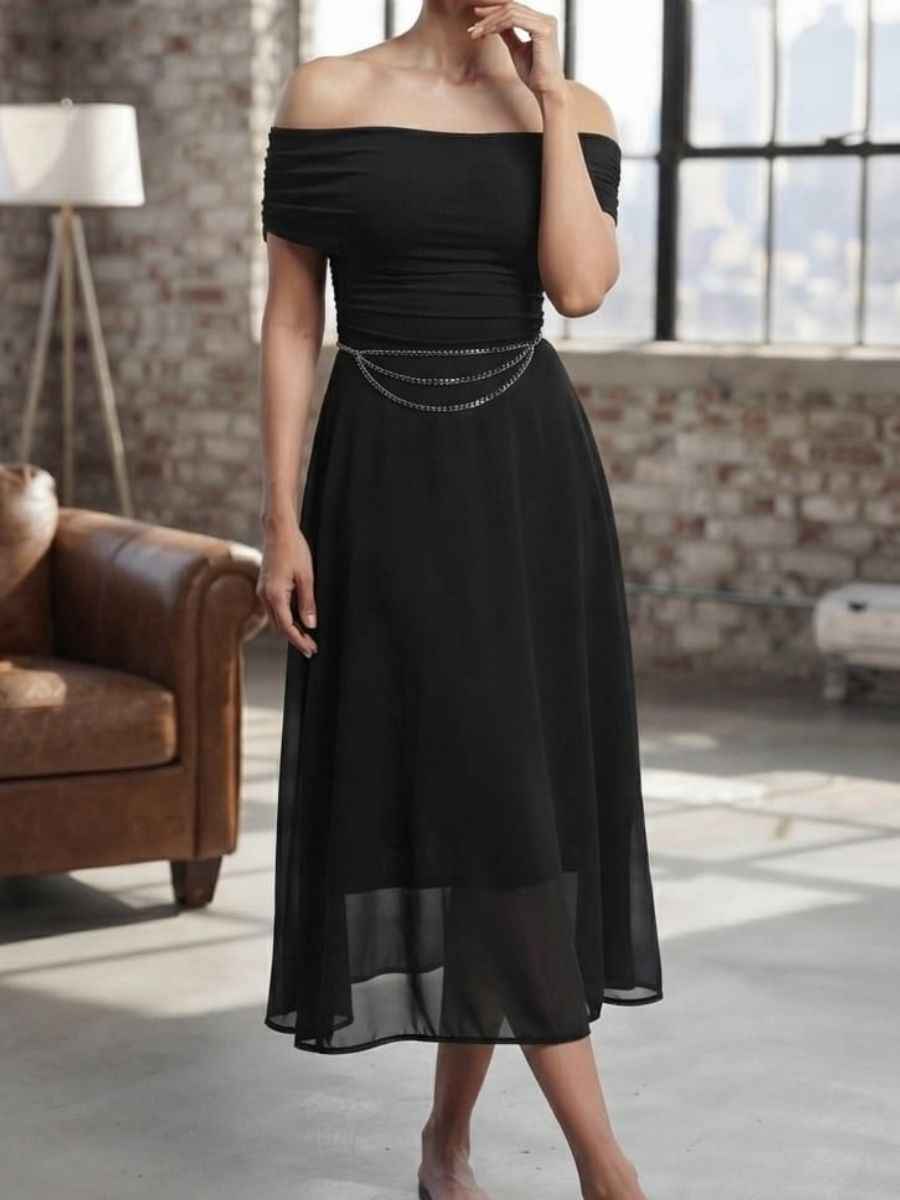 ModaFesta -off-shoulder-black-midi-dress-with-silver-chain-belt