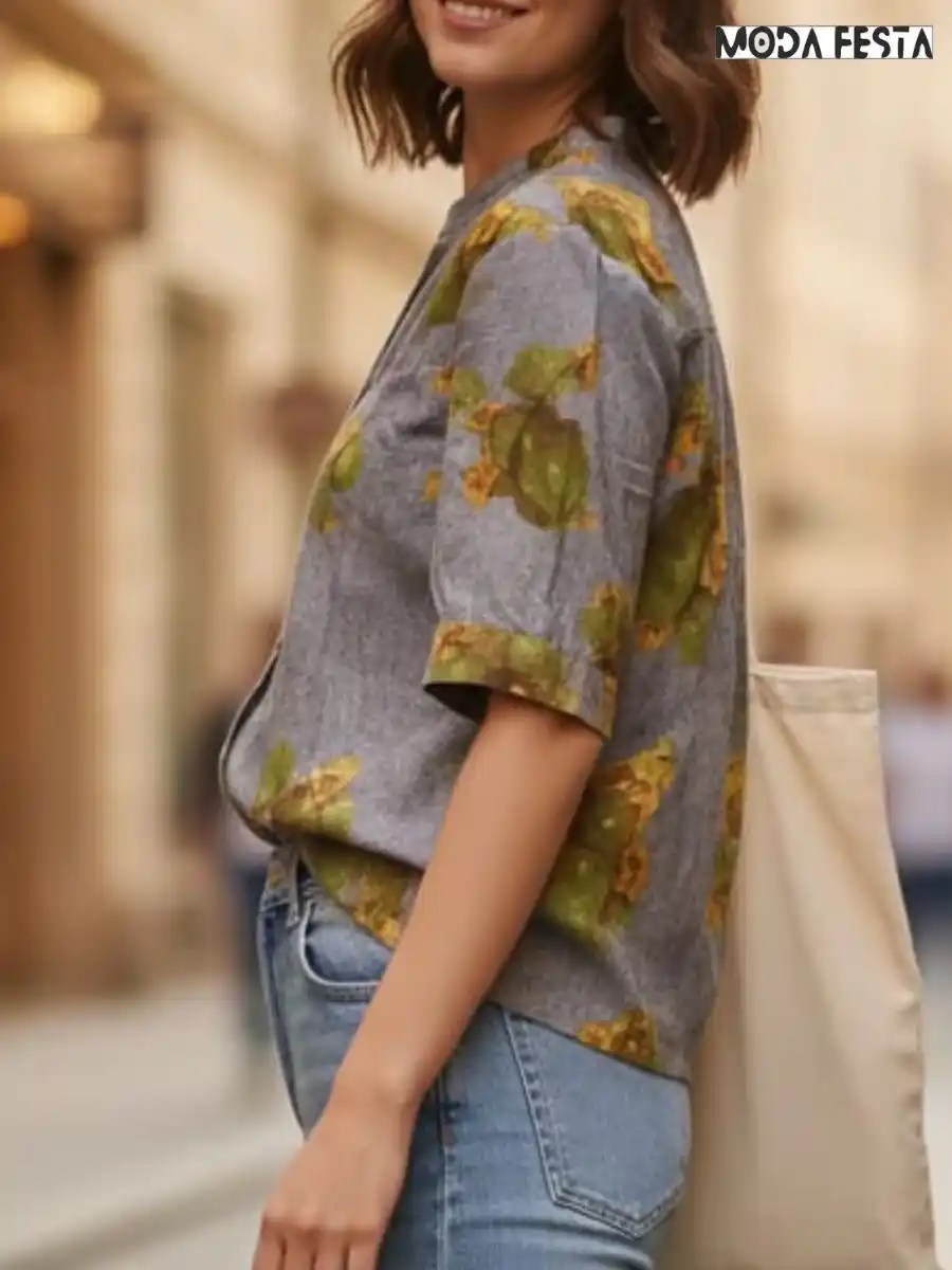 ModaFesta -elegant-floral-print-shirt-front-tie-up-grey