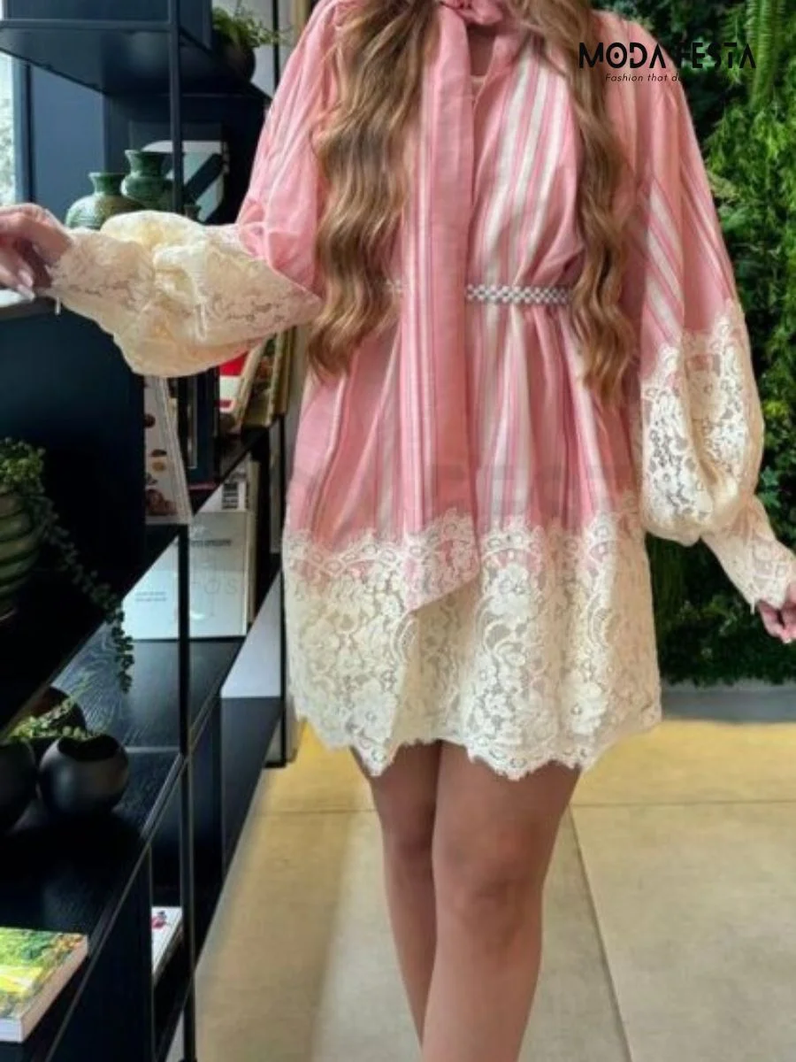 ModaFesta -lace-edge-tie-mini-dress-pink