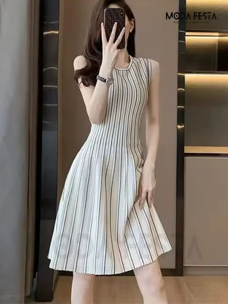 ModaFesta -striped-print-a-line-dress-white