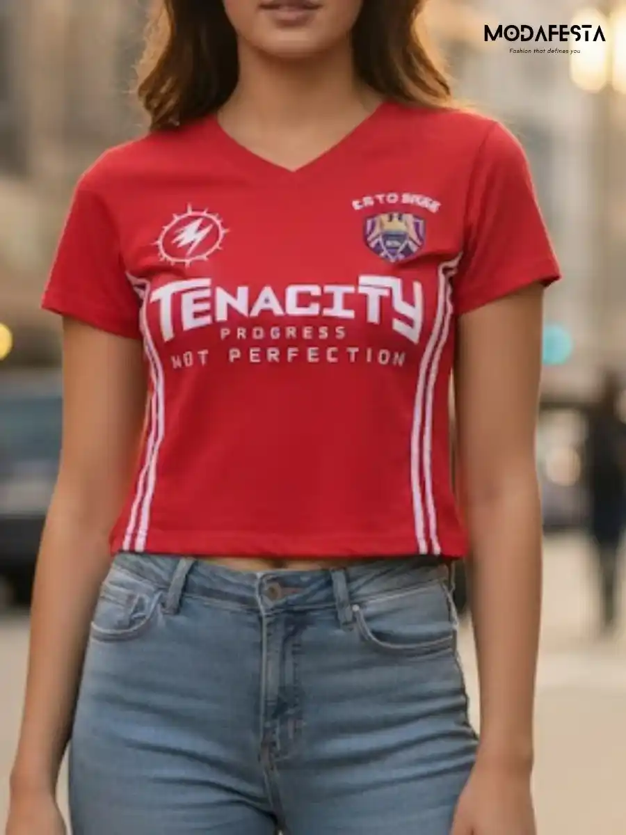 ModaFesta -elegant-v-neck-lettering-crop-t-shirt-red