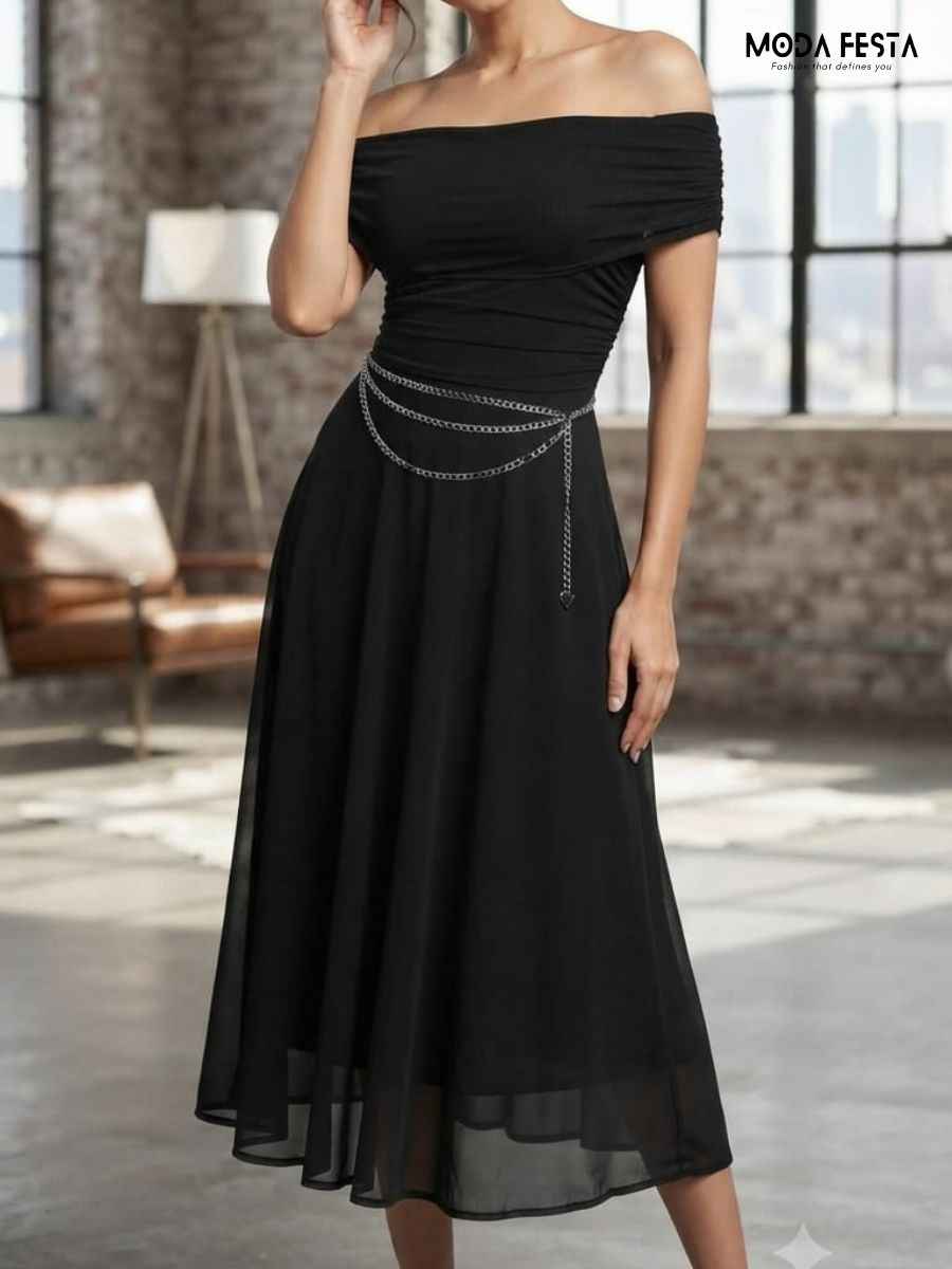 ModaFesta -off-shoulder-black-midi-dress-with-silver-chain-belt