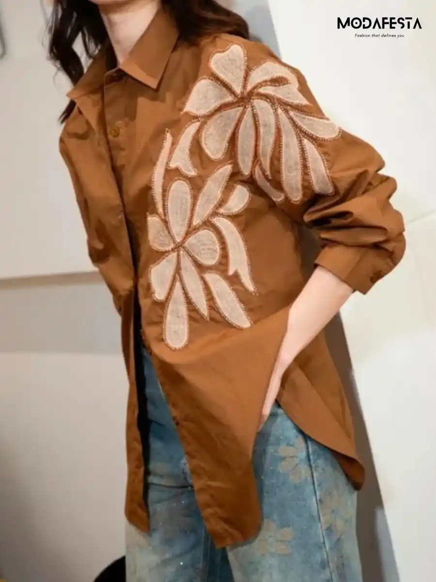 ModaFesta -elegant-floral-print-shirt-work-on-shoulder-brown