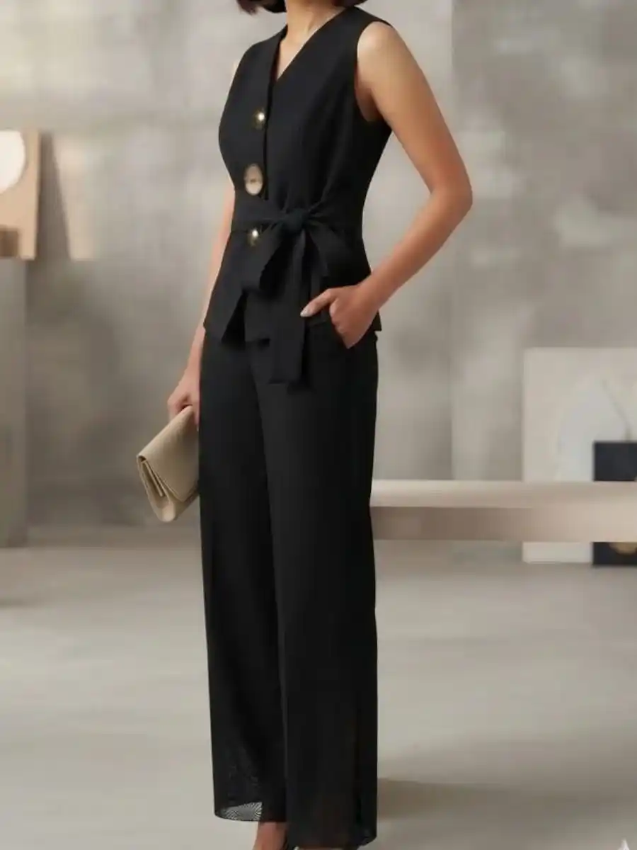 ModaFesta -black-sleek-sleeveless-button-accented-vest-wide-leg-coord-set
