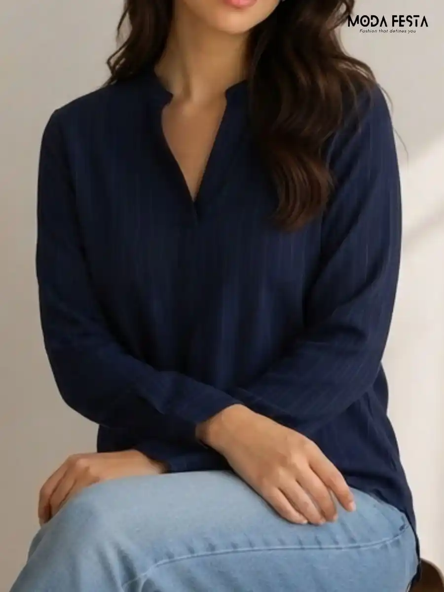 ModaFesta -navy-blue-striped-v-neck-long-sleeve-top