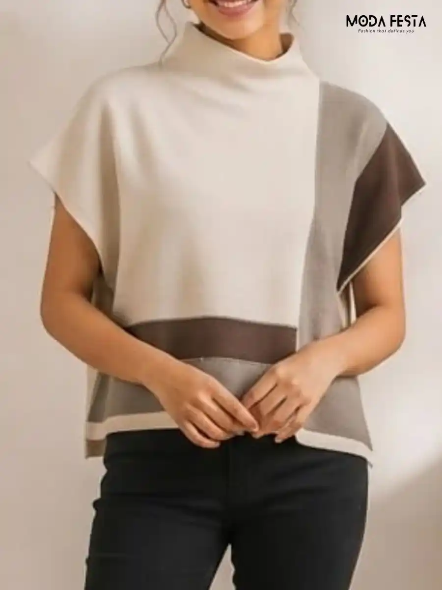 Colorblocked Mock Neck Knit Top