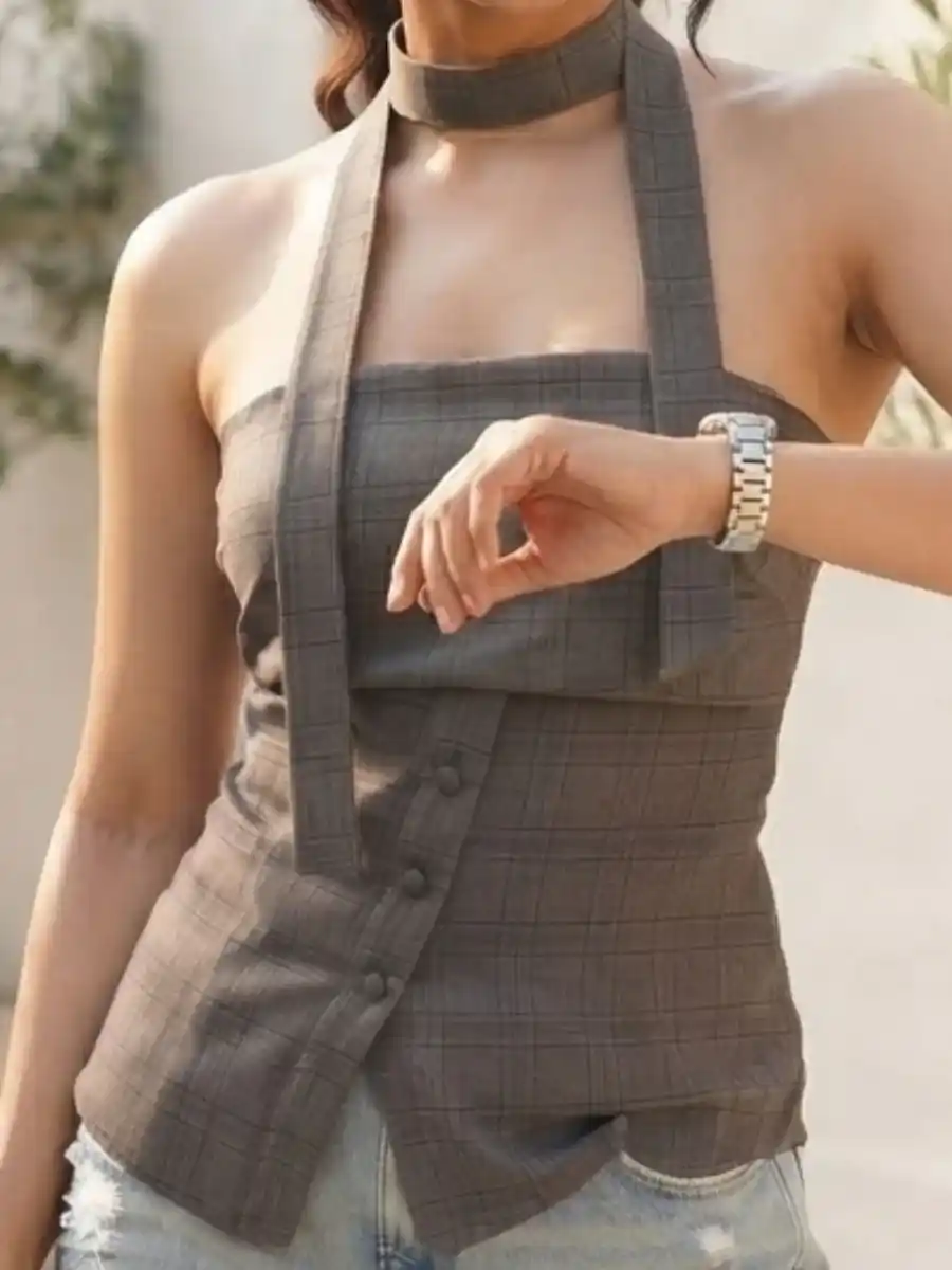 ModaFesta -grey-plaid-halter-neck-asymmetrical-top