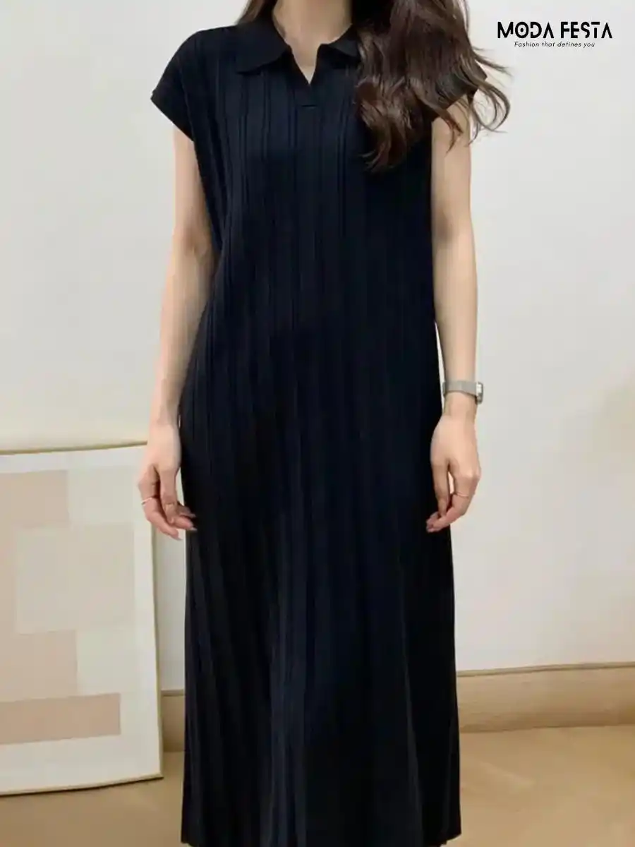 ModaFesta -knitted-neon-black-polo-collar-dress