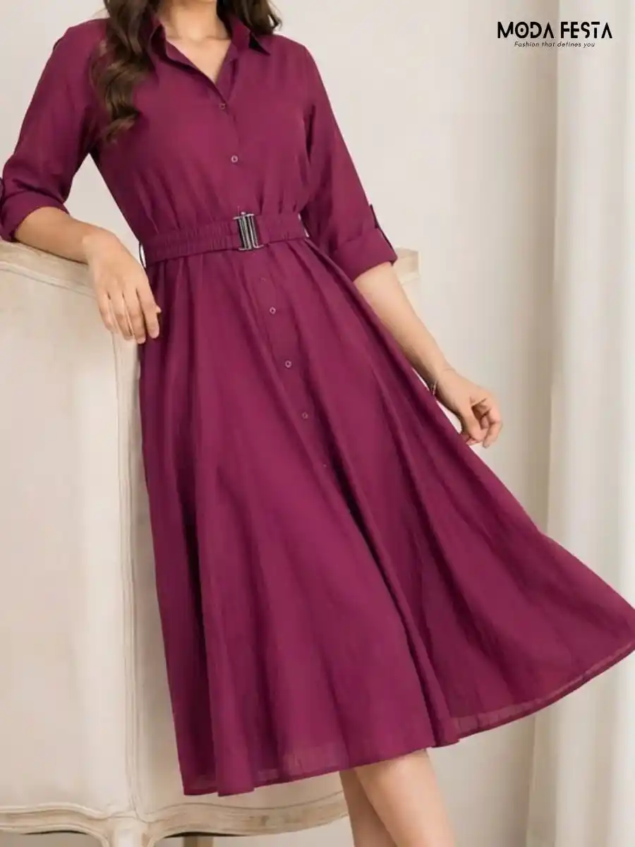 ModaFesta -magenta-solid-shirt-dress-with-matching-belt
