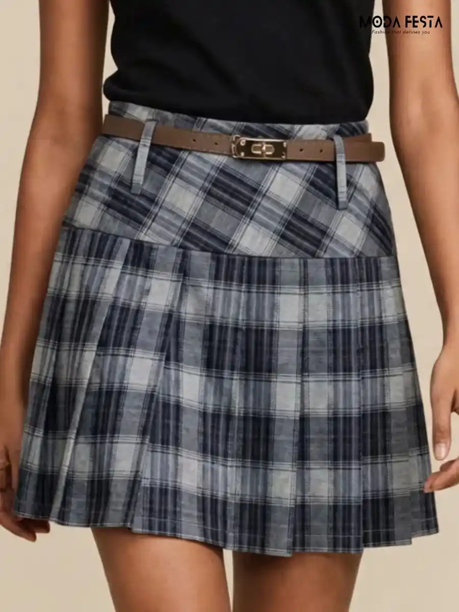 Plaid Pleated Skirt with Belt