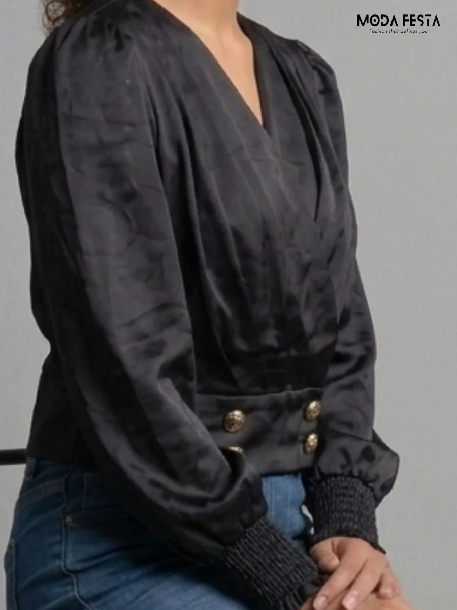 ModaFesta -black-pleated-peplum-top-with-gold-hardware