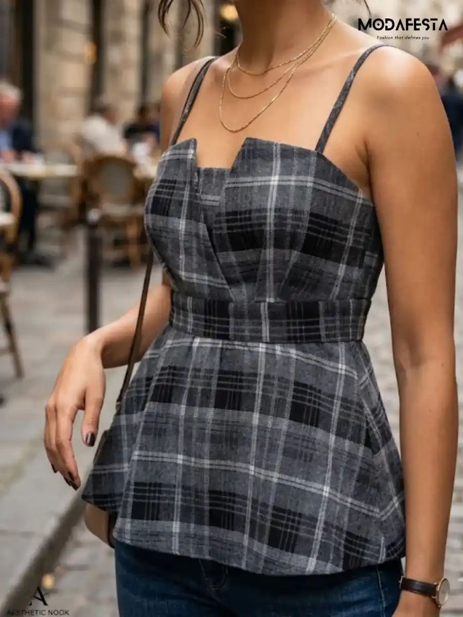 Elegant Chex V Neck Top