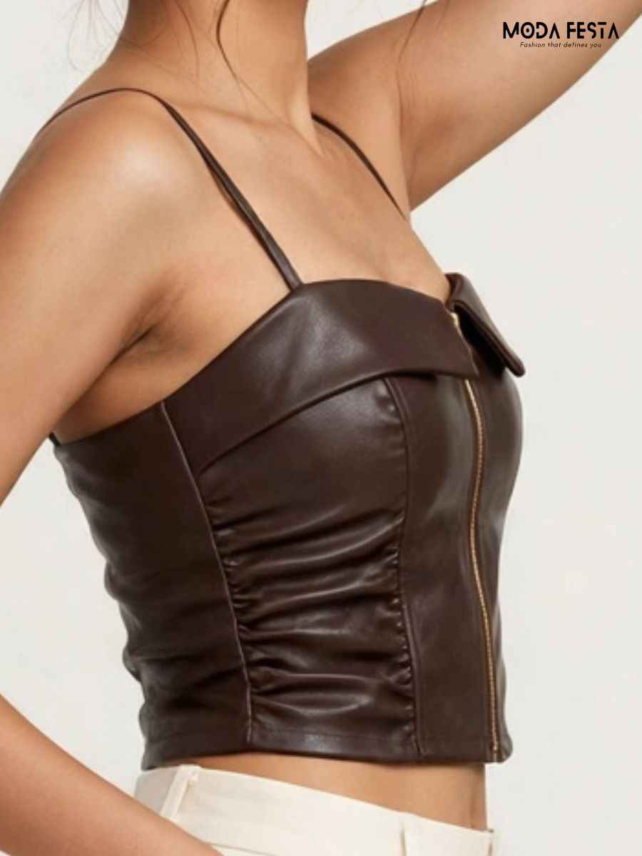 ModaFesta -brown-leather-front-zip-bustier-corset-crop-top