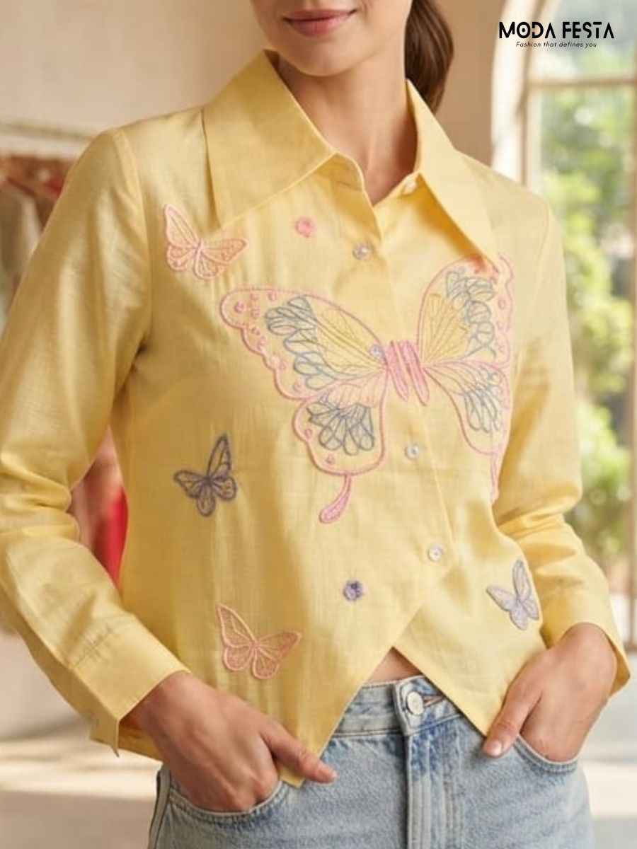 Pastel Yellow Butterfly Embroidered Shirt