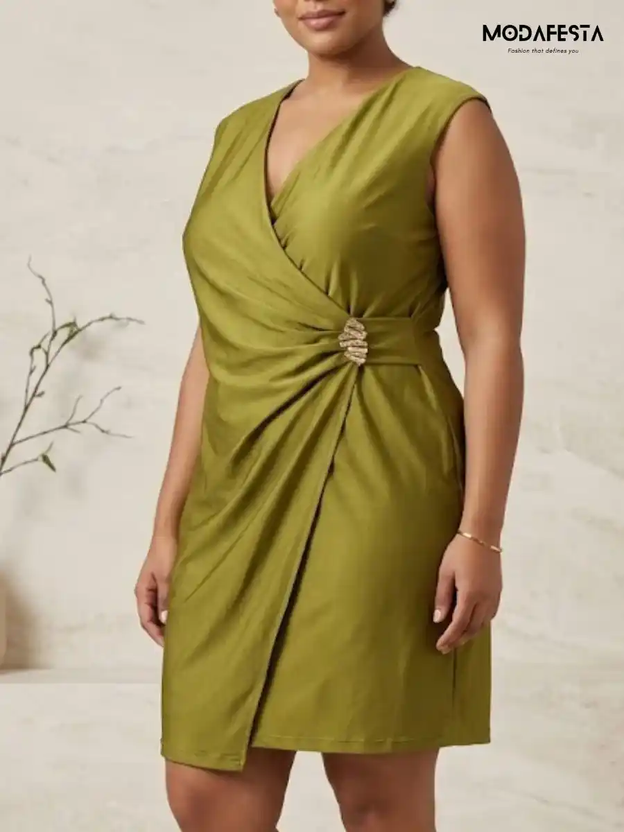 ModaFesta -elegant-sleeveless-wrap-front-ruched-dress-green