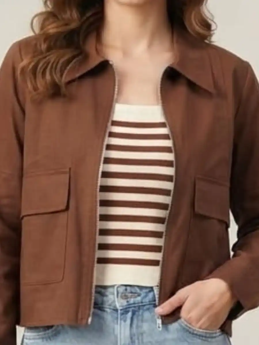 Womens Solid Brown Full-Sleeve Casual Crop Jacket with Matching Inner Top