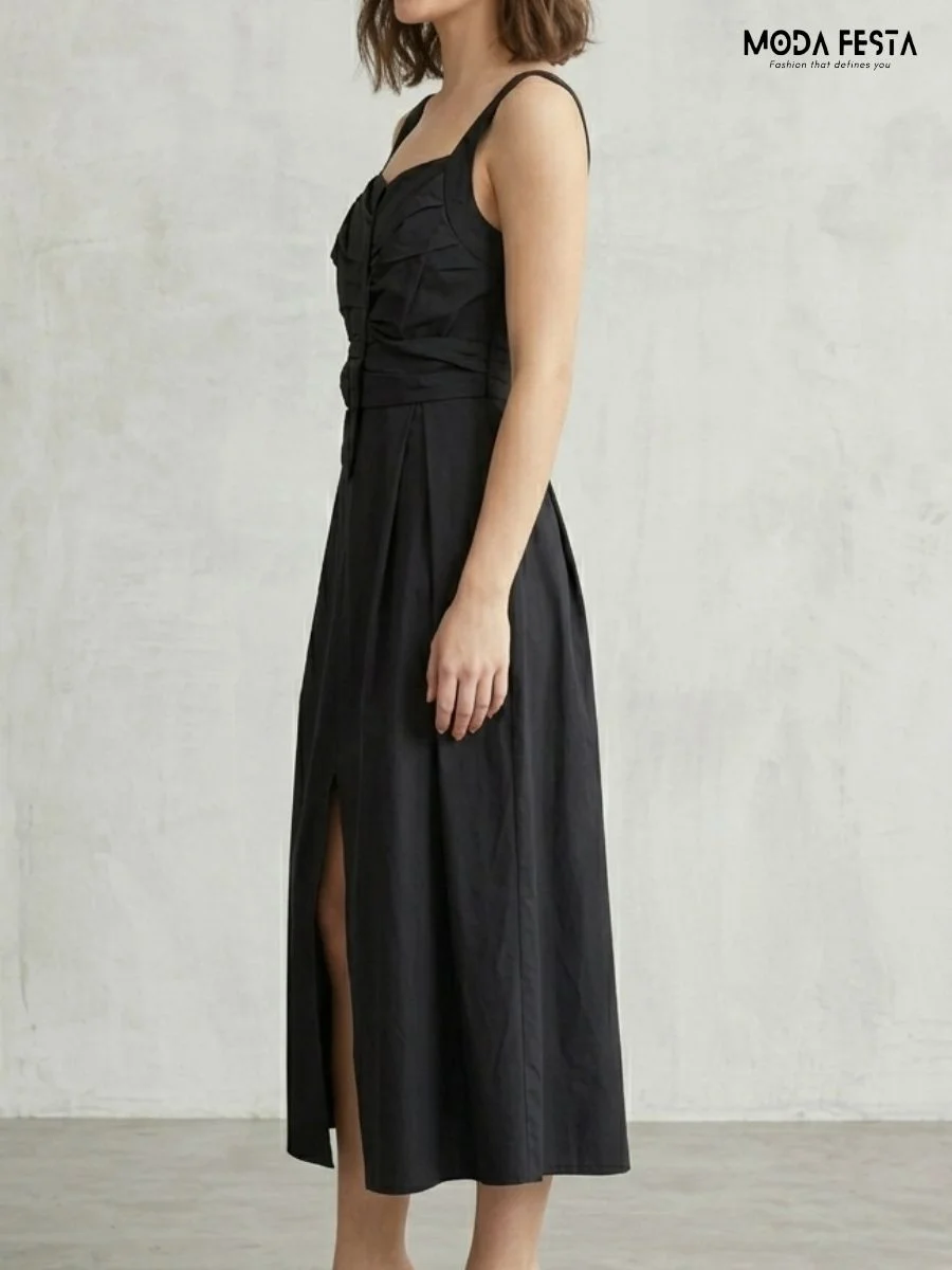 ModaFesta -sleeveless-dress-cotton-strech-long-black