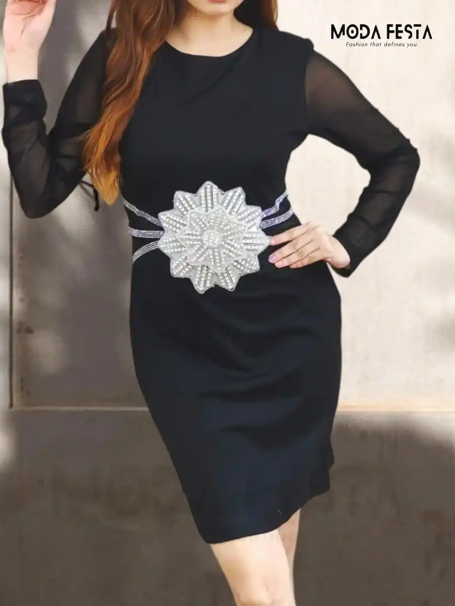 ModaFesta - diamond-flower-waist-cinched-black-party-wear-dress