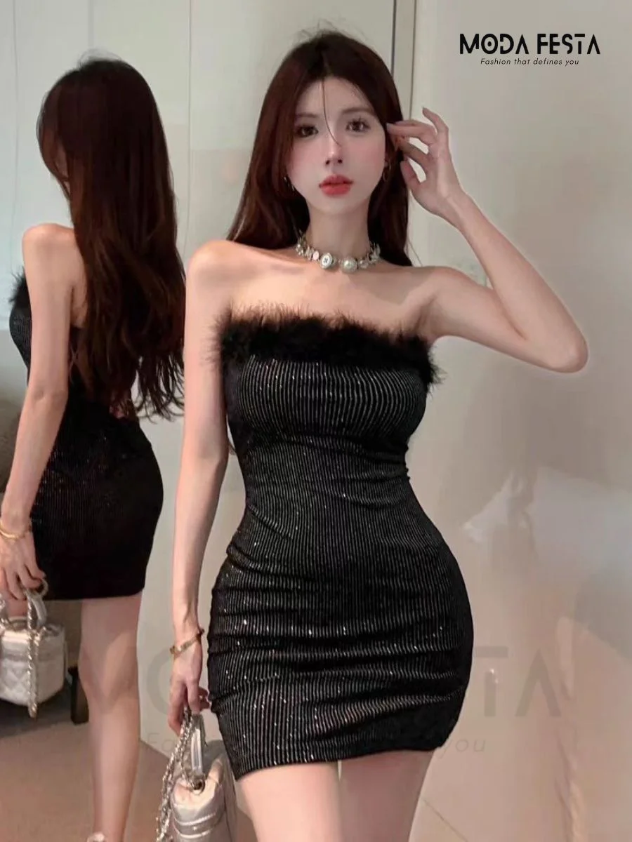ModaFesta - strapless-shiny-party-dress-black