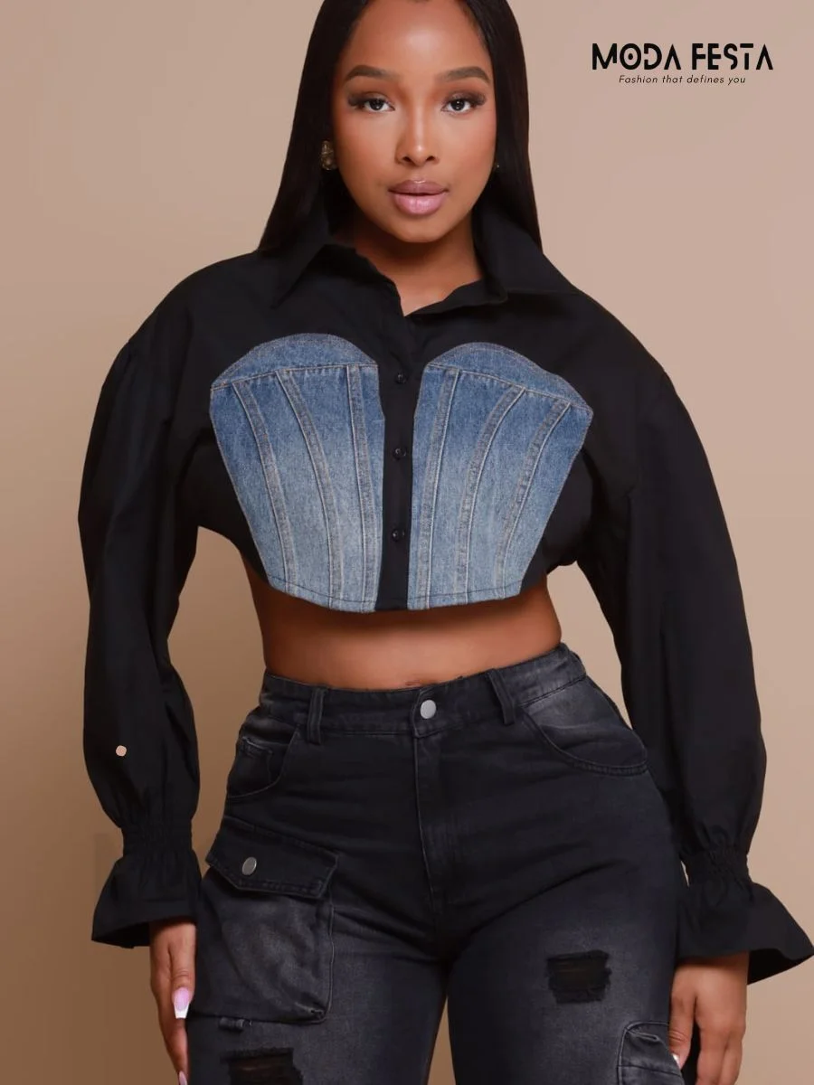 ModaFesta - crop-denim-shirt-black