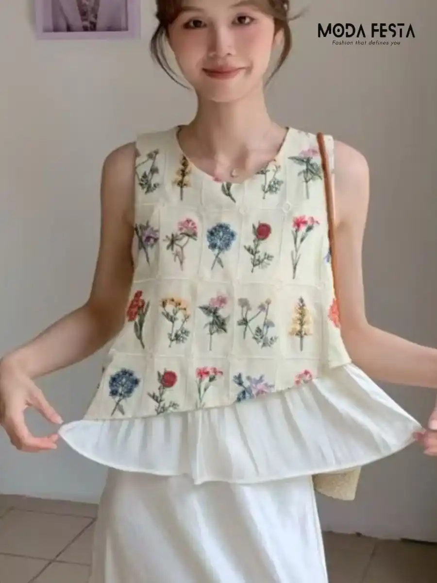 ModaFesta - floral-embroidered-peplum-top-beige