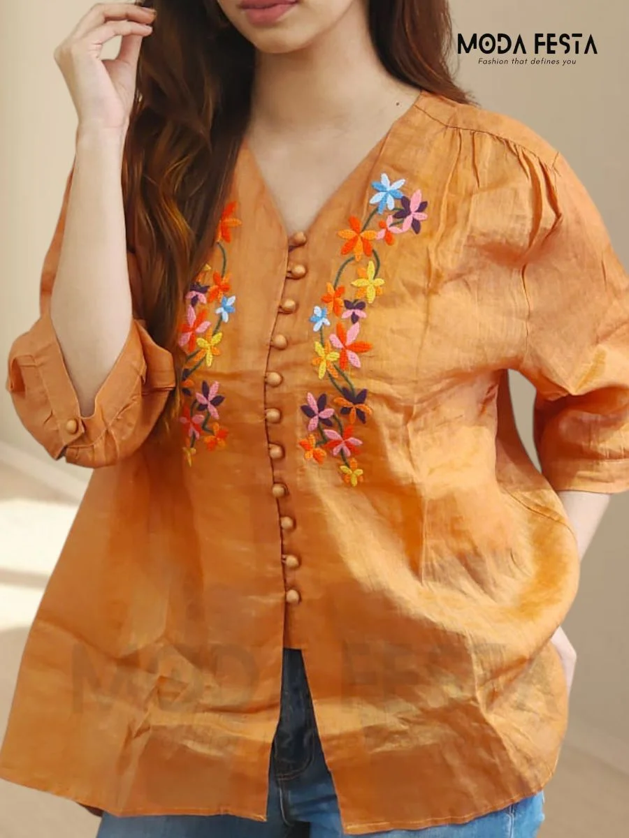 Embroidered Linen V Neck Top