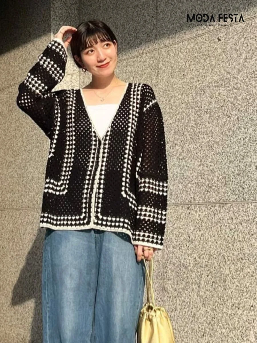 ModaFesta - crochet-v-neck-cardigan-top-black