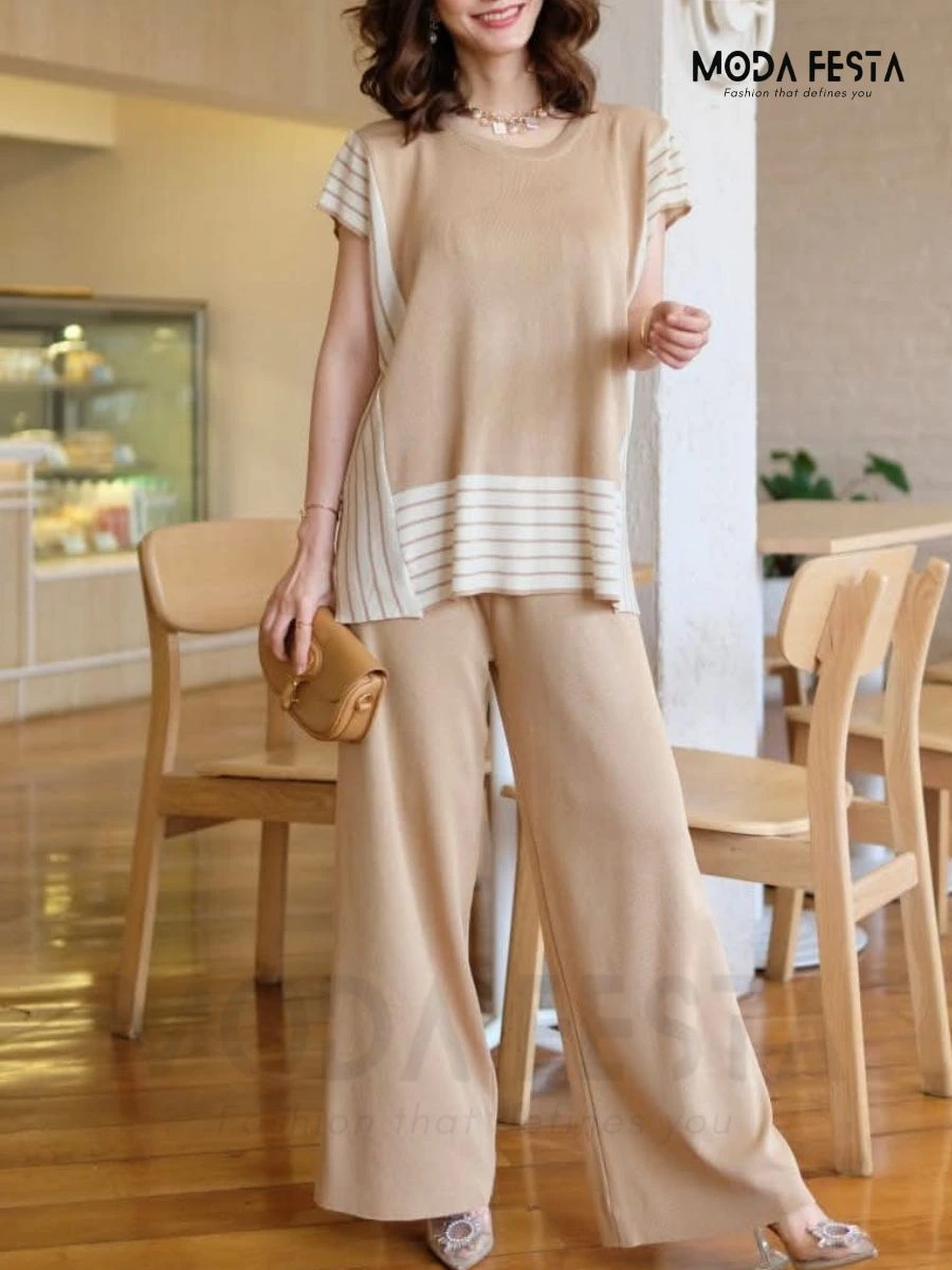 ModaFesta - knitted-striped-coord-set-beige