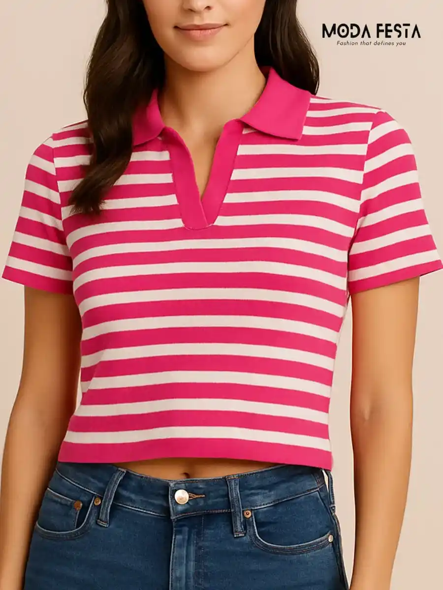 ModaFesta - collar-striped-crop-t-shirt-pink