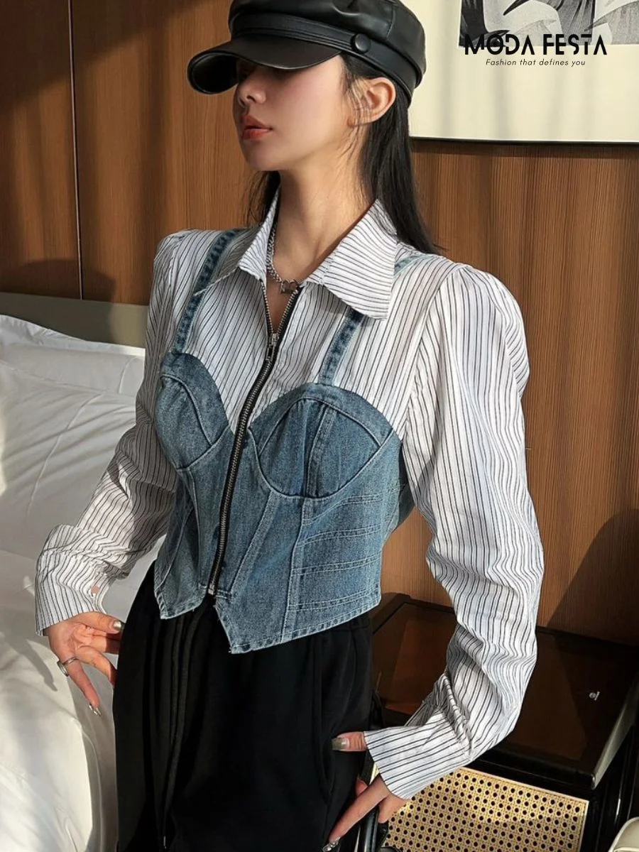 ModaFesta - stripe-shirt-&-denim-bustier-white