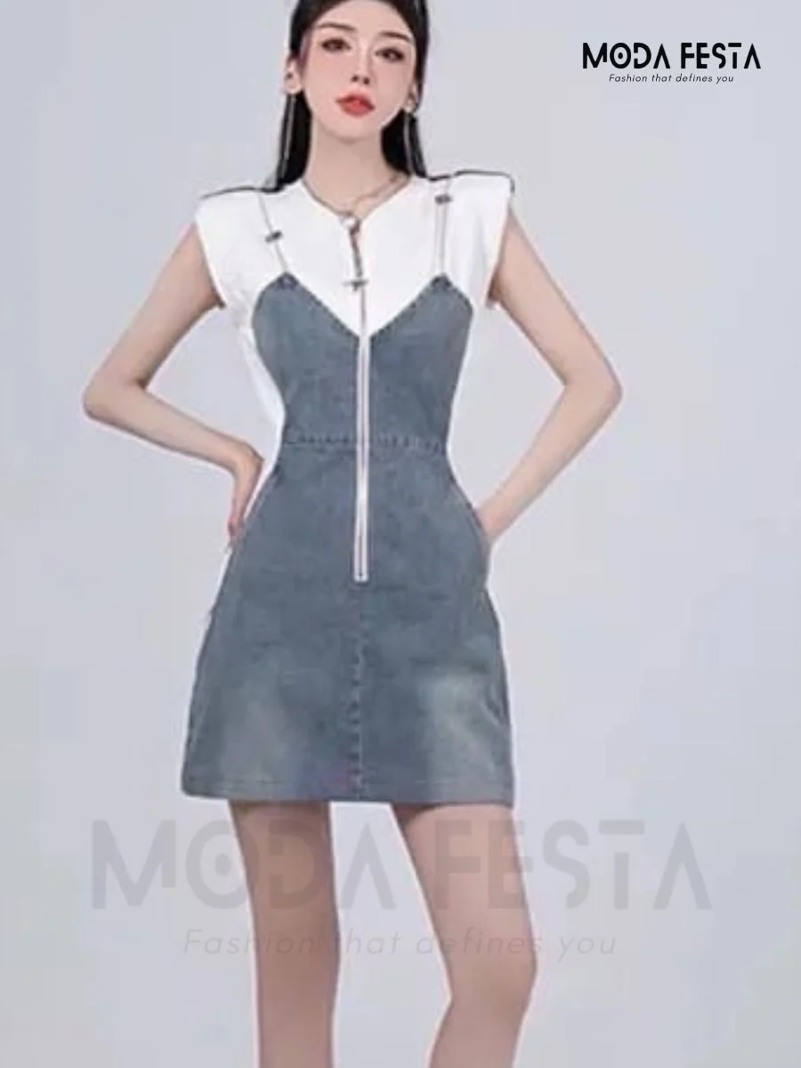 ModaFesta - chain-spliced-denim-dress-white