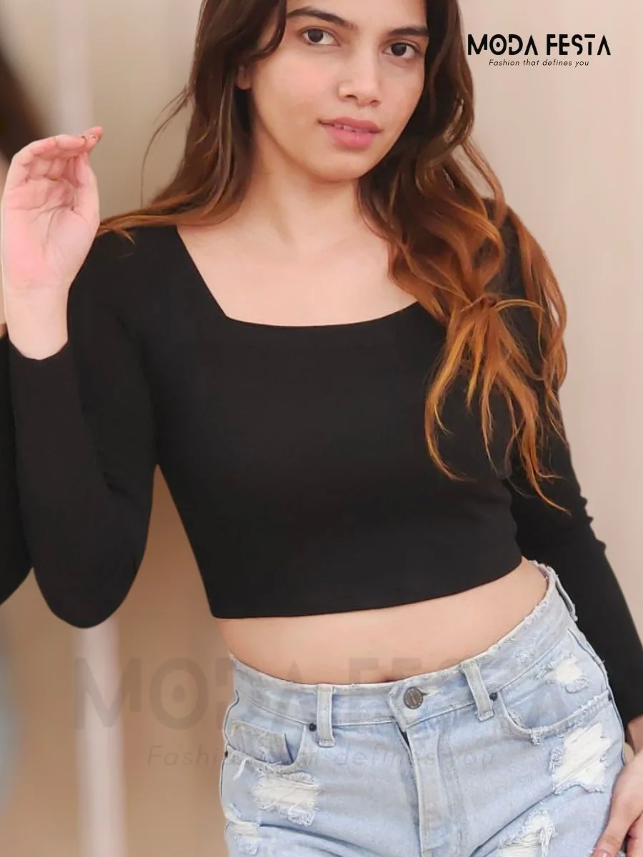 ModaFesta - square-neck-crop-top-full-slevess-black