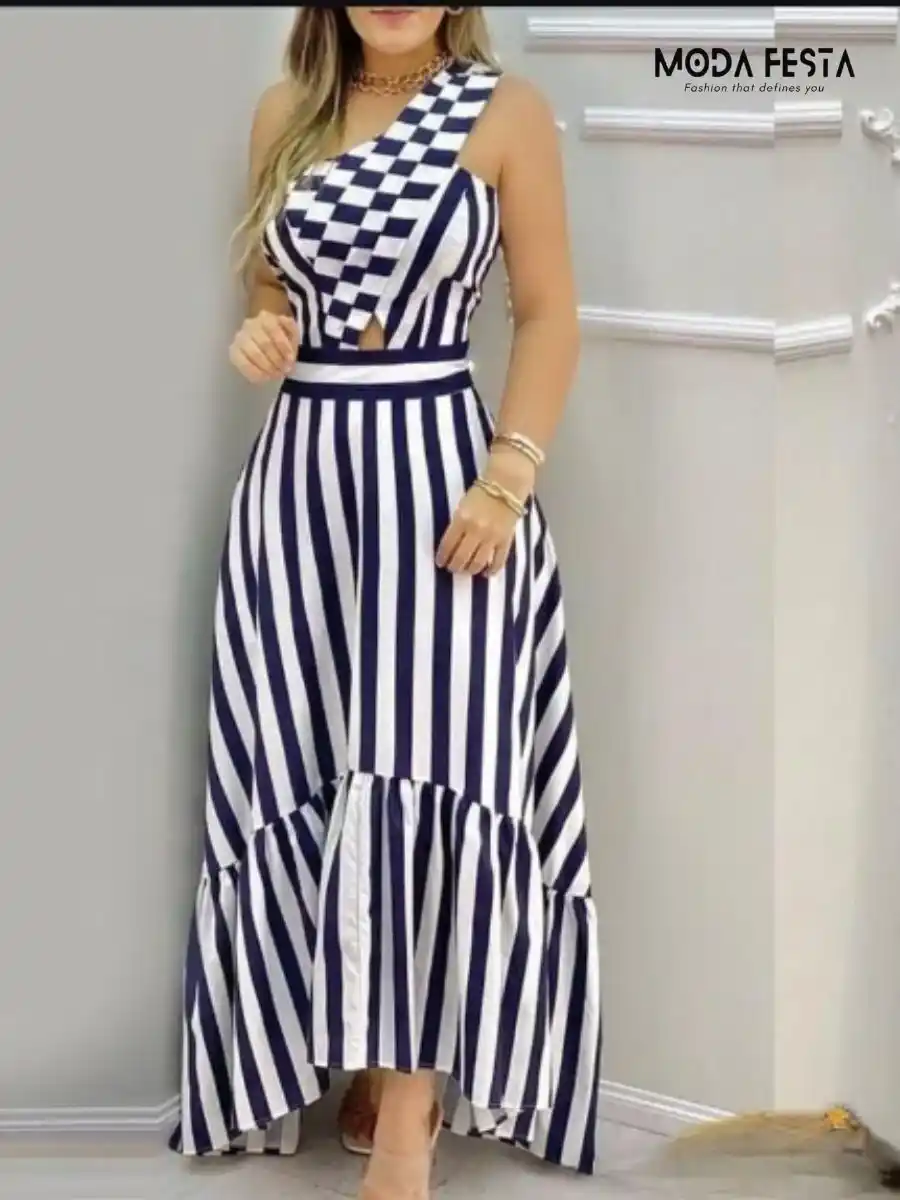 ModaFesta - striped-a-line-one-shoulder-dress-navy-blue
