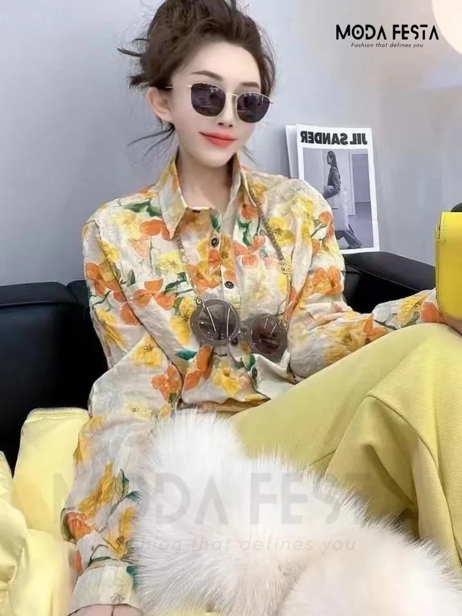 ModaFesta - floral-print-shirt-yellow
