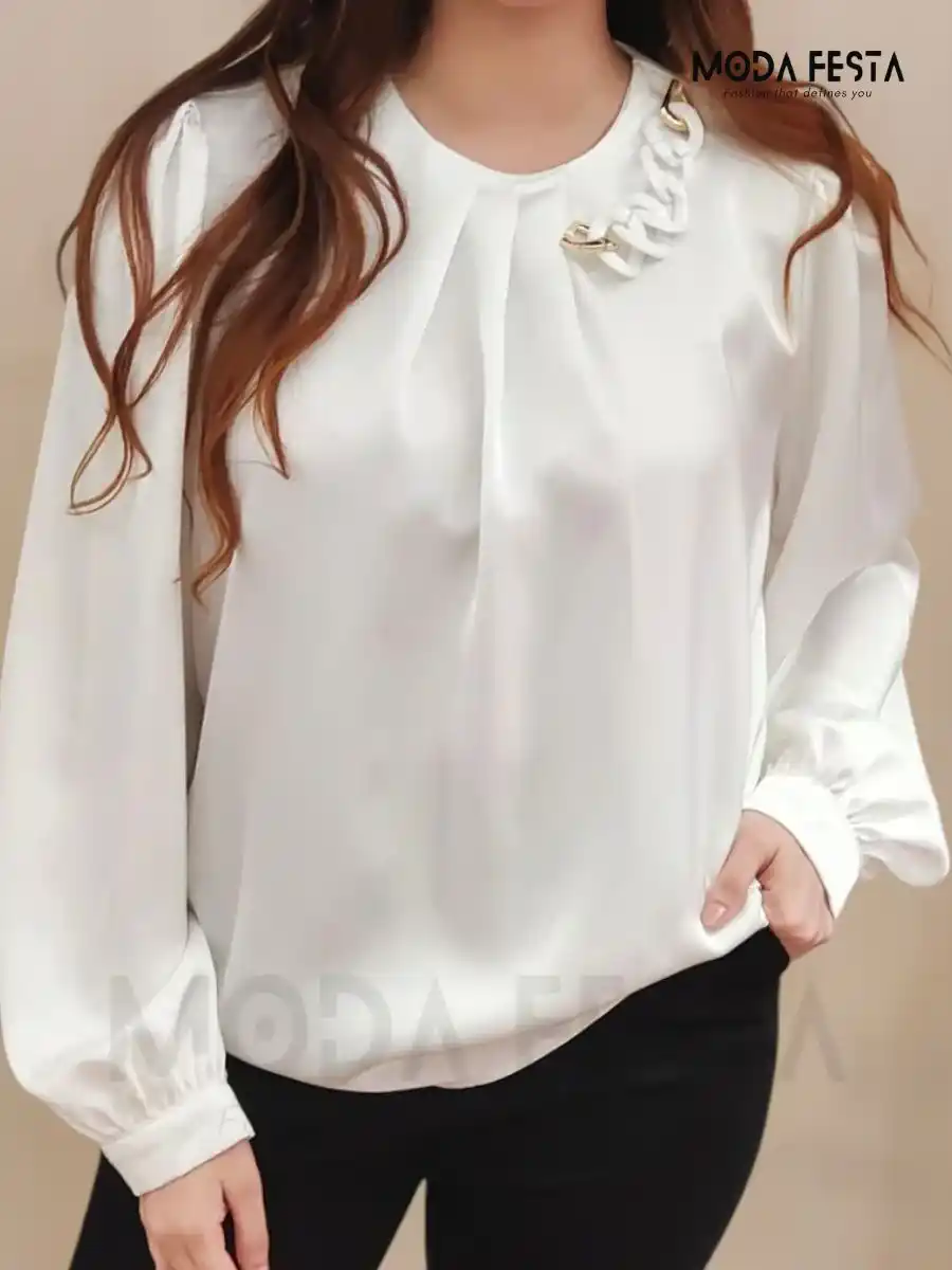 ModaFesta - stylish-cuffed-satin-top-white