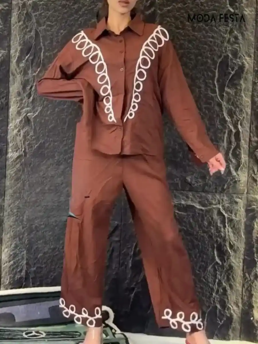 ModaFesta - linen-lace-work-pattern-coord-set-brown