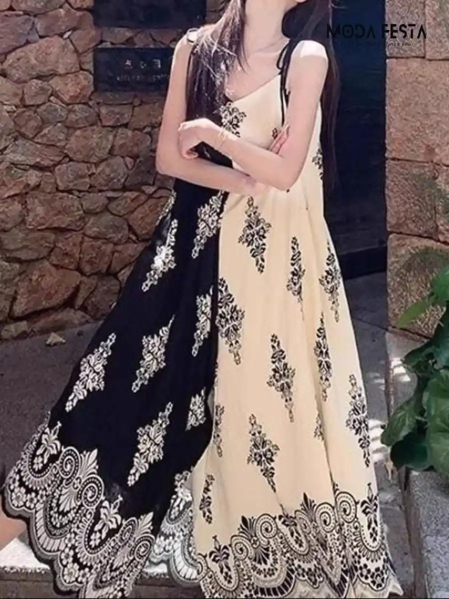 ModaFesta - elegant-stylish-Beige-and-Black-printed-strape-dress