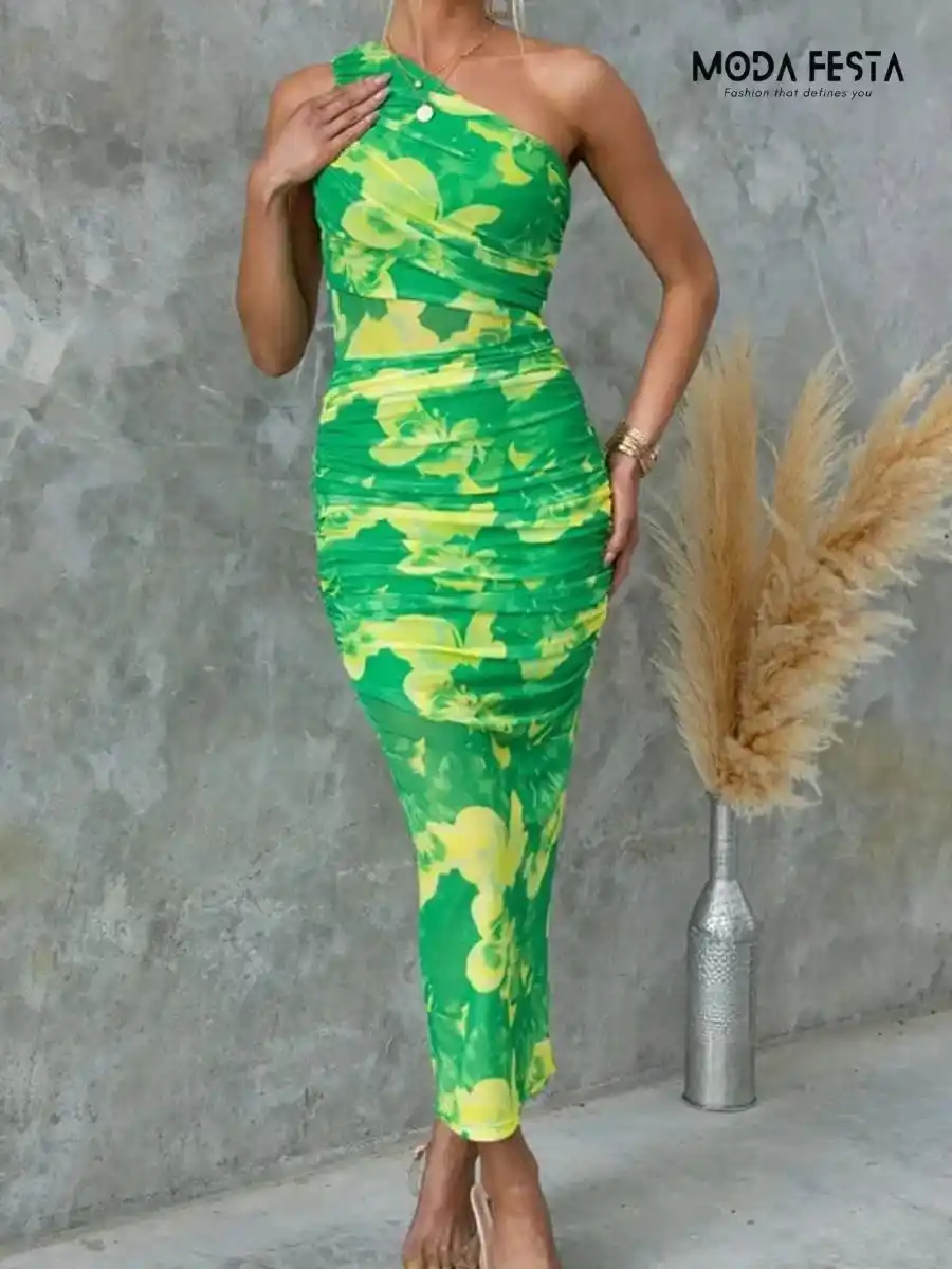 ModaFesta - stylish-runched-mesh-bodycon-dress-green